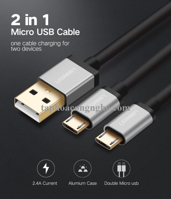 Ugreen 40347 0.5M màu Đen Cáp sạc truyền dữ liệu USB 2.0 sang 2 đầu MICRO USB cao cấp US196 30040347